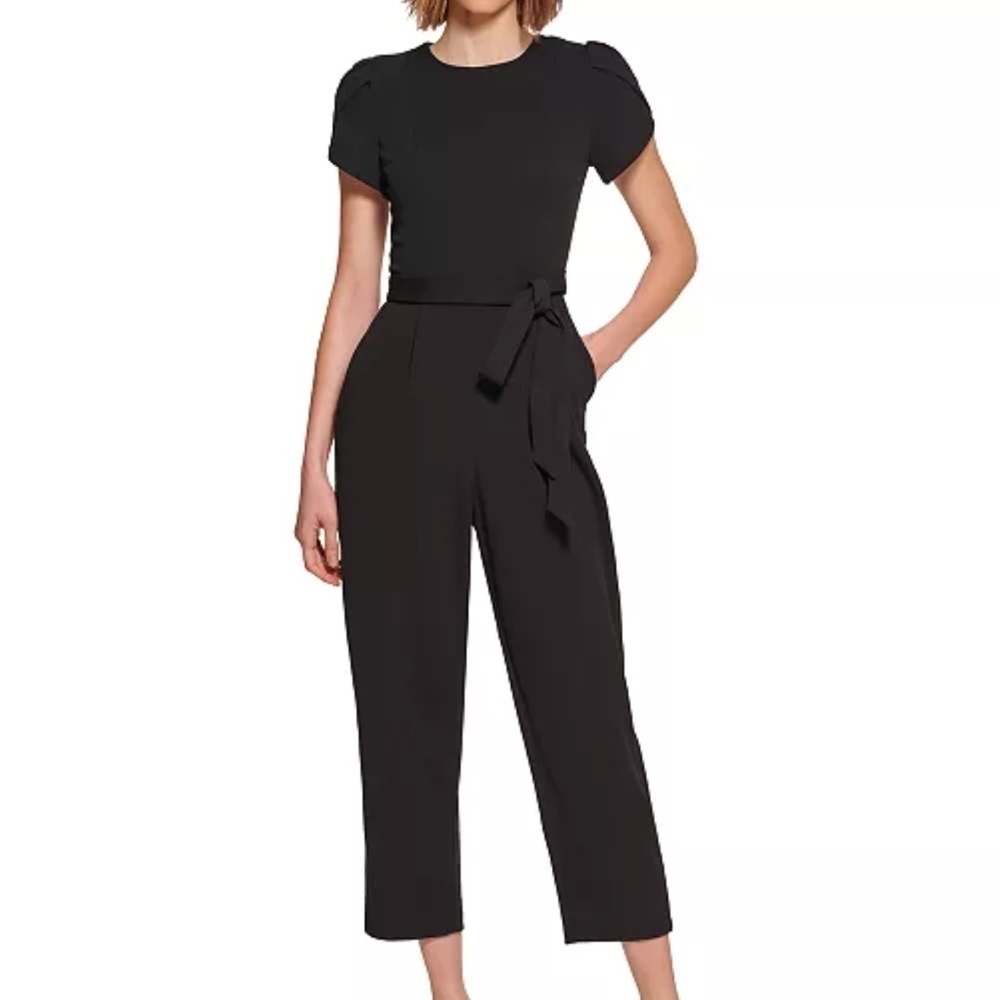 Calvin Klein Puff Sleeve Jumpsuit New Sz 16 Black Waist Tie